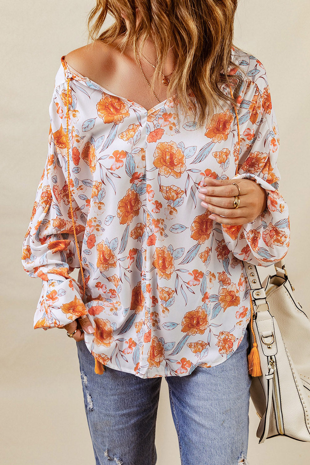 Orange Split V Neck Floral Print Dolman Blouse