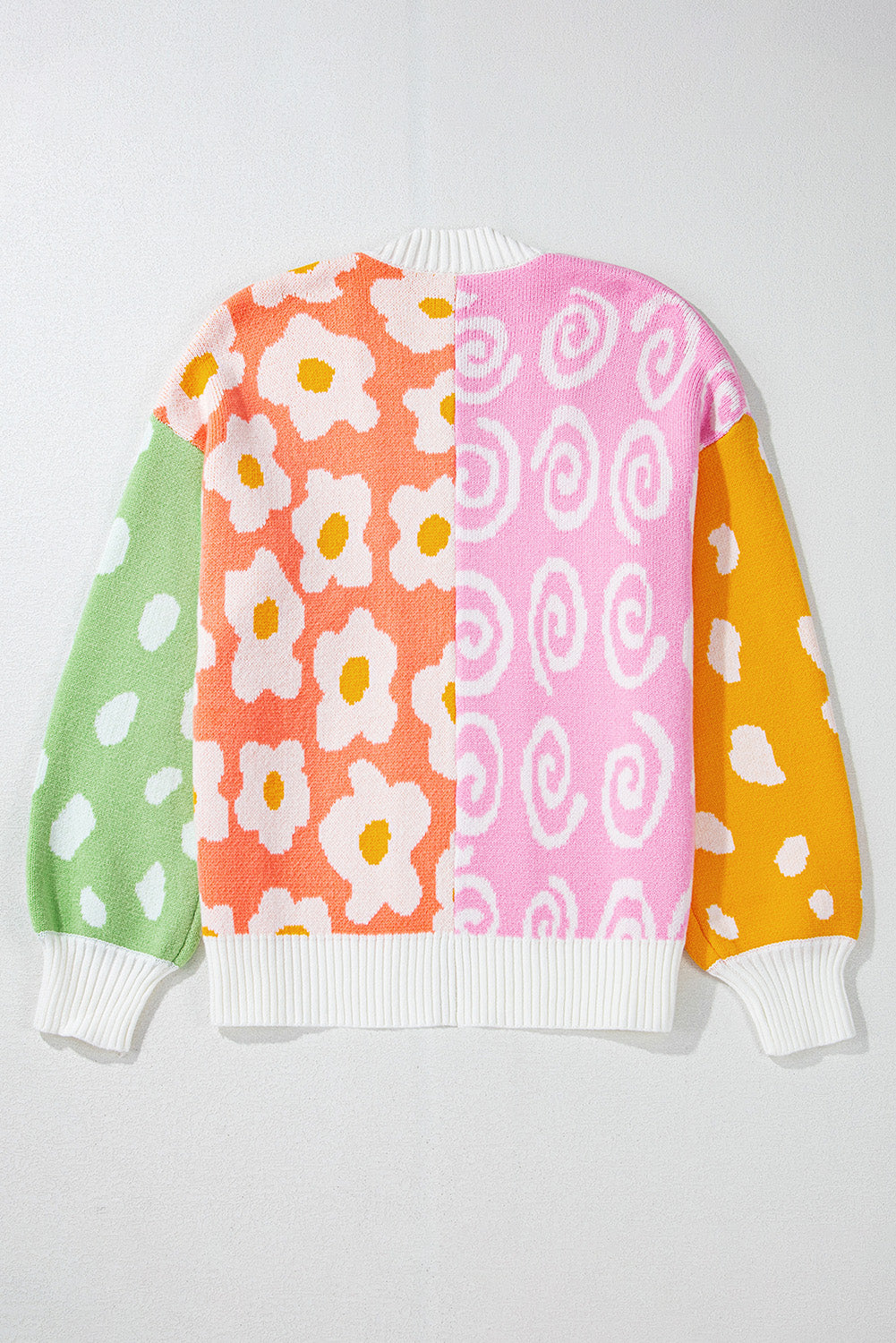 Orange Flower & Dotted Mixed Print Colorblock Open Front Cardigan