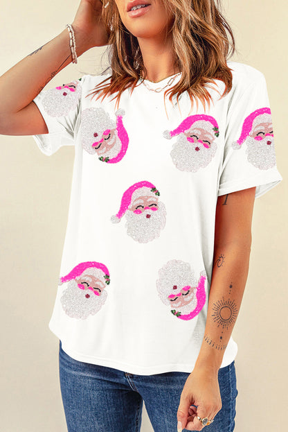 White Sequin Santa Clause Pattern Funny Christmas T Shirt