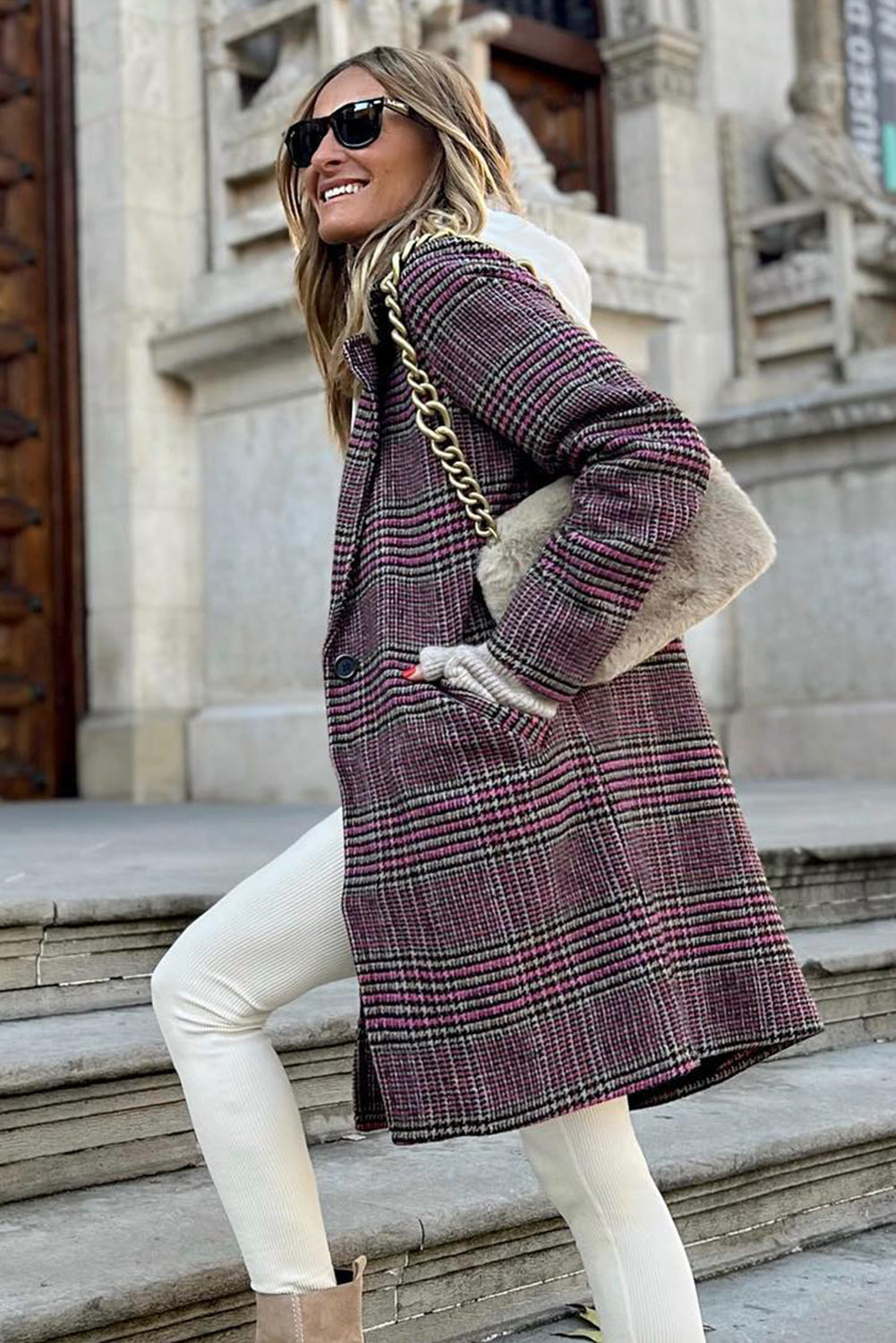 Pink Plaid Lapel Collar One Button Midi Coat