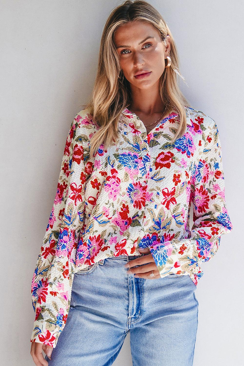 Red Floral Print Slim Fit Buttoned Turn Down Collar Shirt