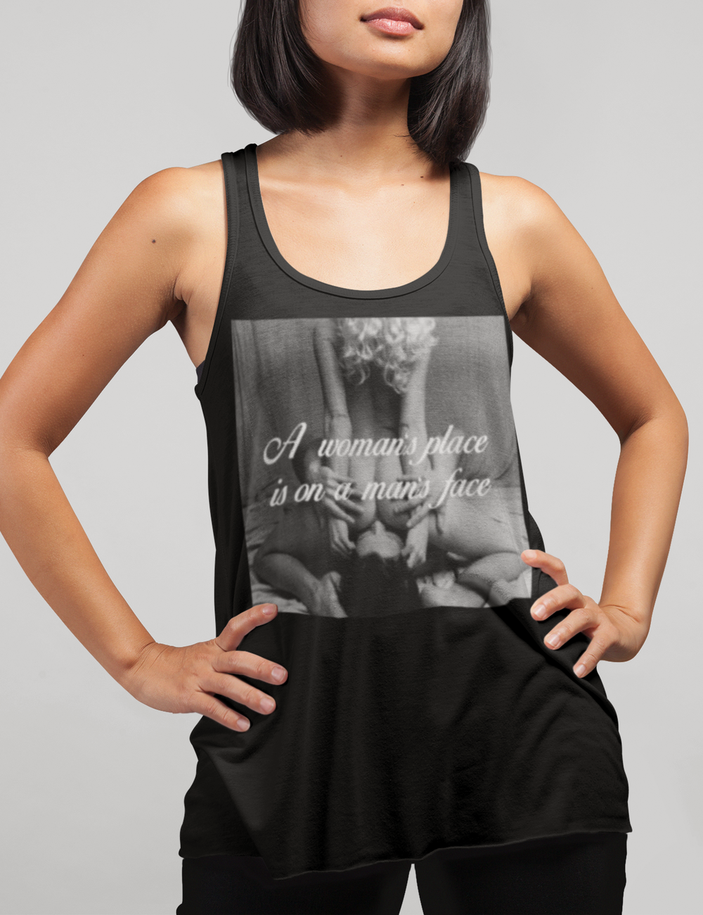 A Woman's Place Is On A Man's Face Women's Cut Racerback Tank Top OniTakai