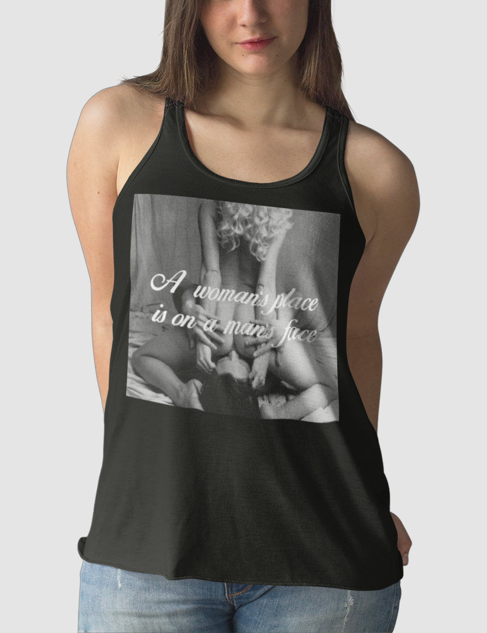 A Woman's Place Is On A Man's Face Women's Cut Racerback Tank Top OniTakai