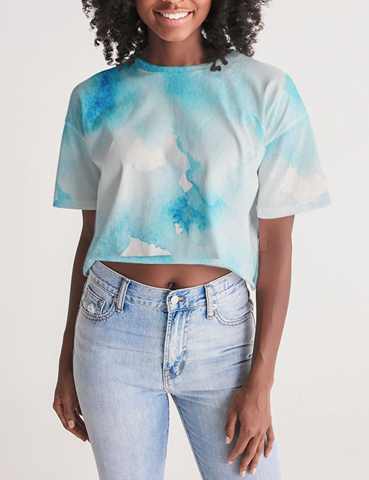 Abstract Blue Ice Tie Dye Women's Oversized Crop Top T-Shirt OniTakai