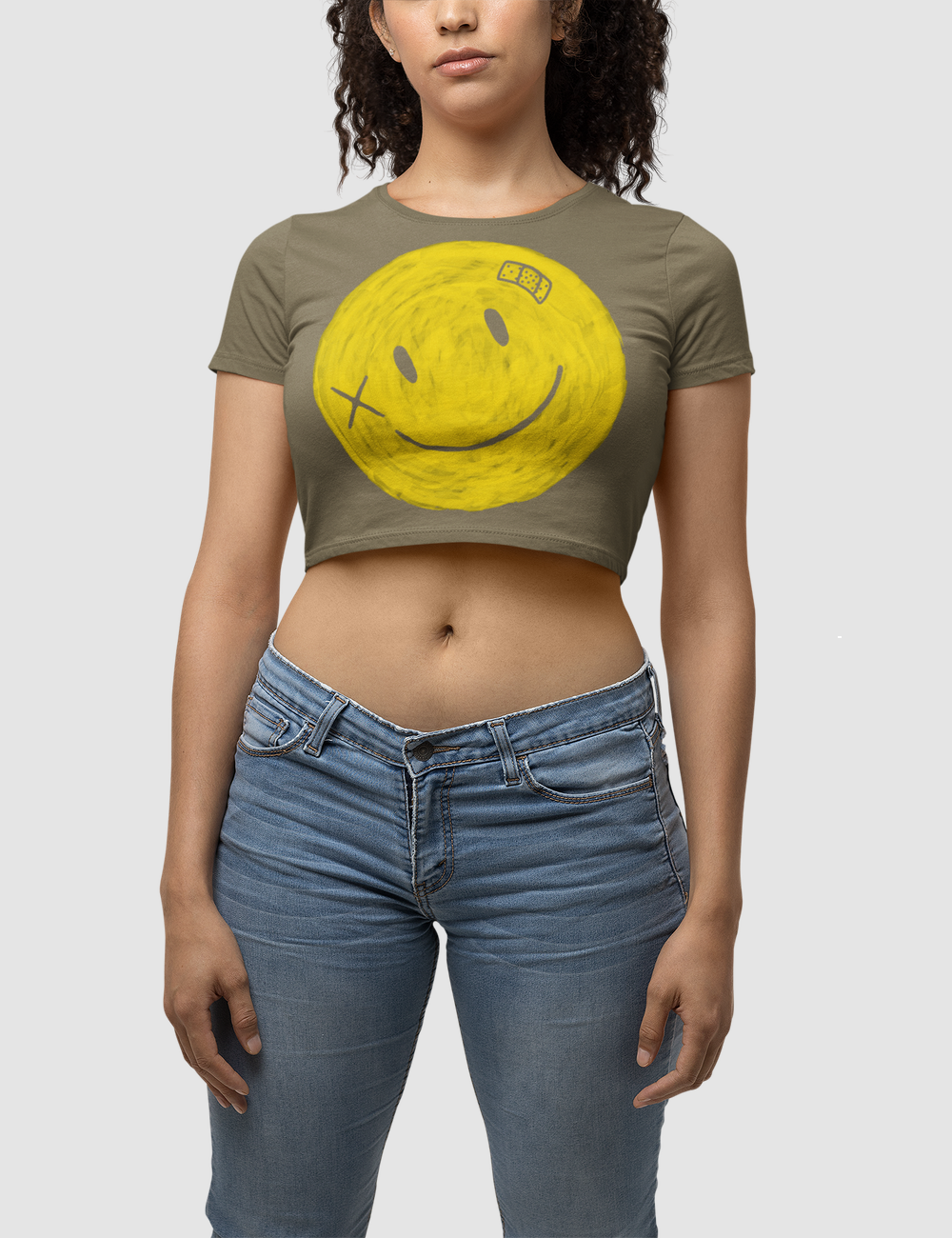Battered Smiley Face Women's Fitted Crop Top T-Shirt OniTakai