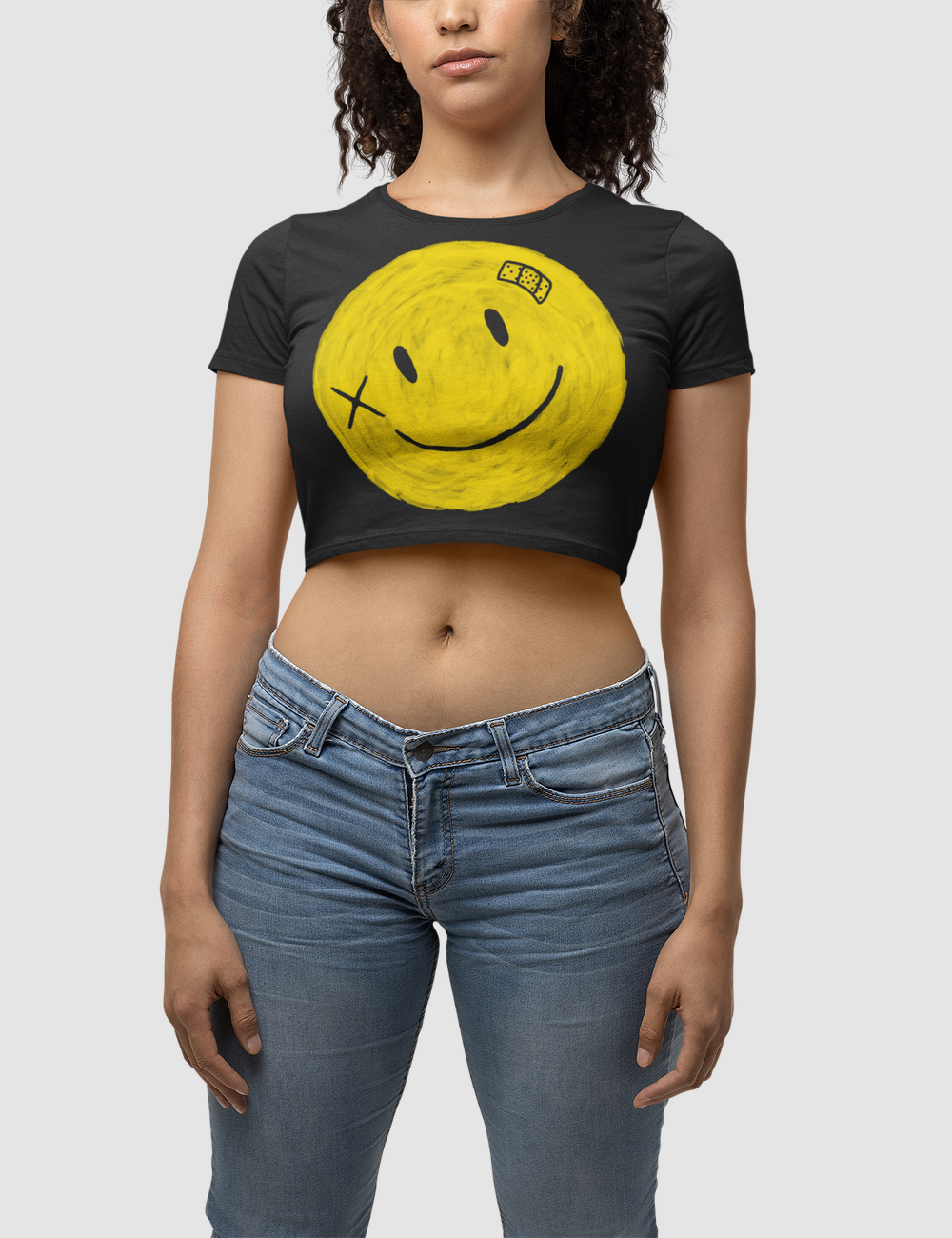 Battered Smiley Face Women's Fitted Crop Top T-Shirt OniTakai