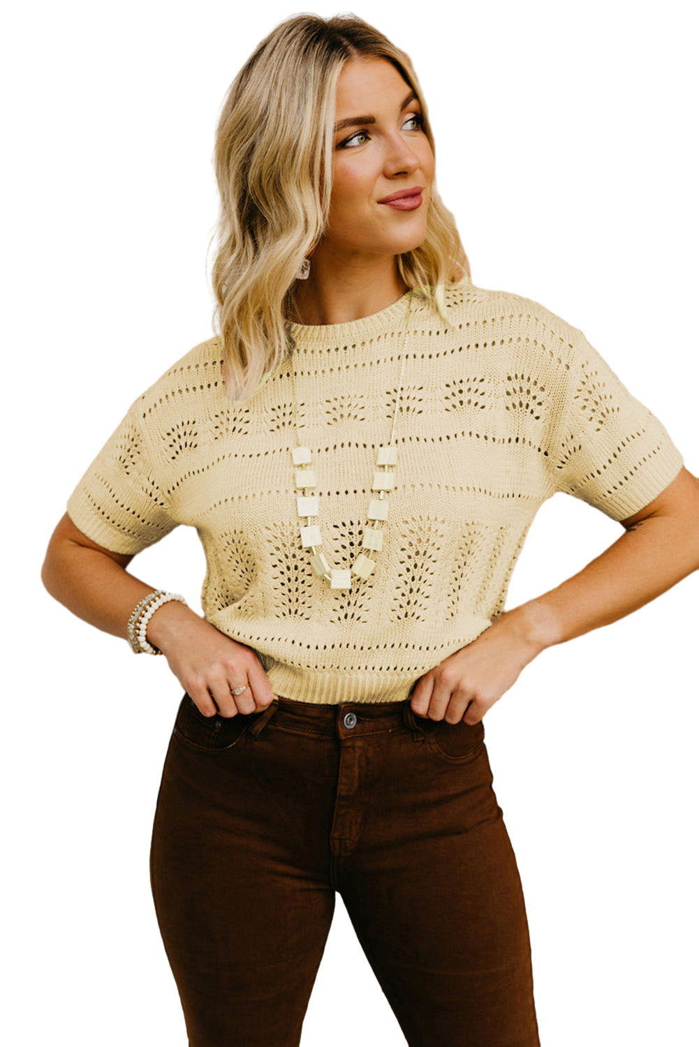 Beige Knitted Hollow out Short Sleeve Crop Sweater OniTakai