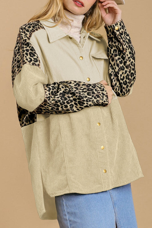 Beige Leopard Patchwork High Low Shirt Jacket OniTakai