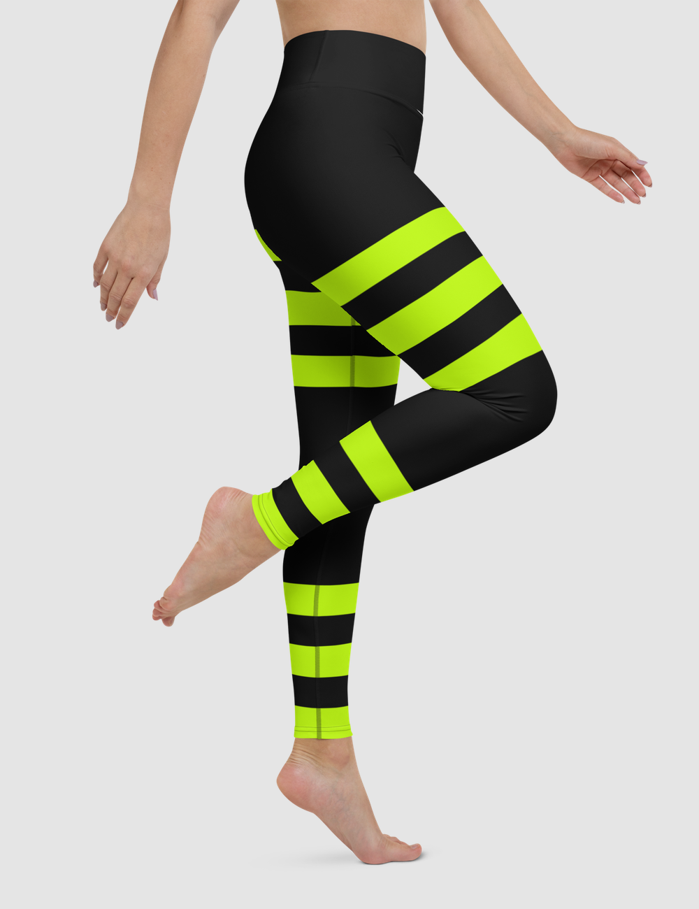 Black And Lime Green Triple Thigh Ankle Striped | Women's High Waist Yoga Leggings OniTakai