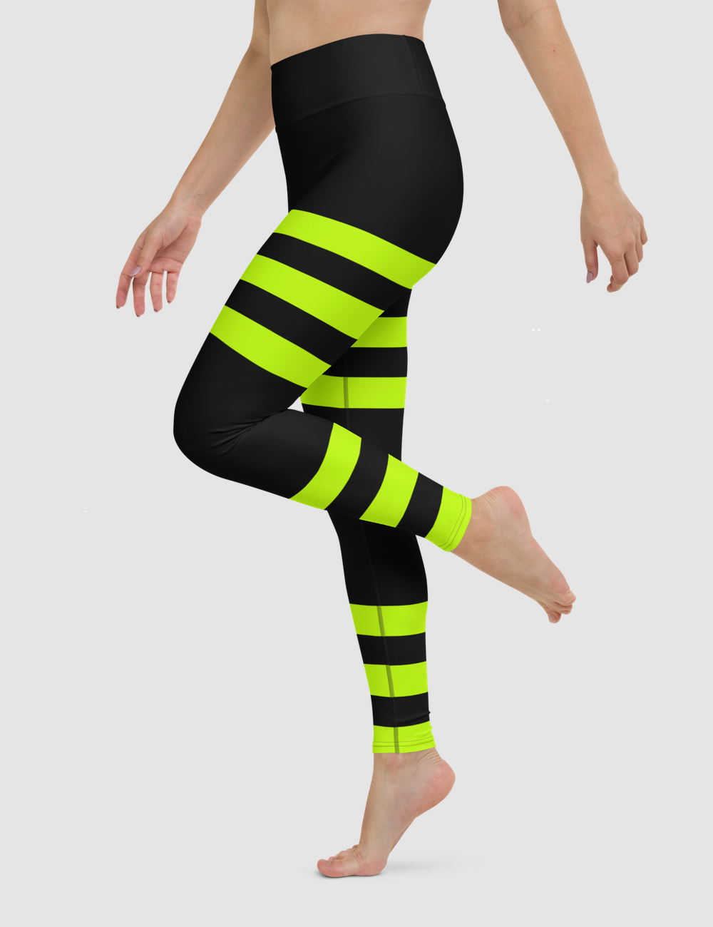 Black And Lime Green Triple Thigh Ankle Striped | Women's High Waist Yoga Leggings OniTakai