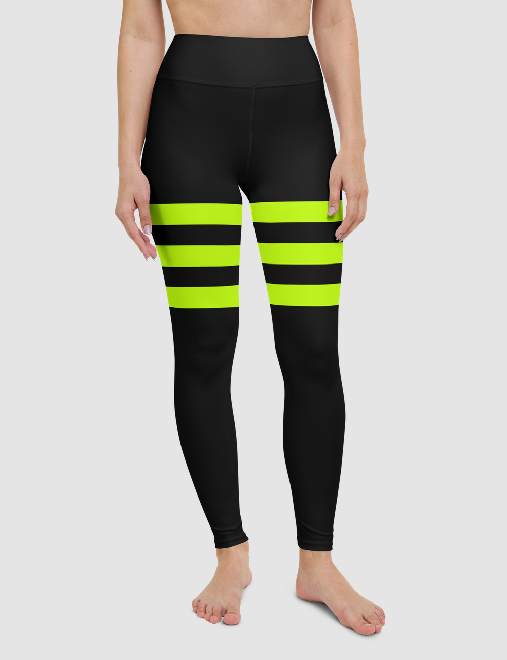 Black And Lime Green Triple Thigh Striped | Women's High Waist Yoga Leggings OniTakai