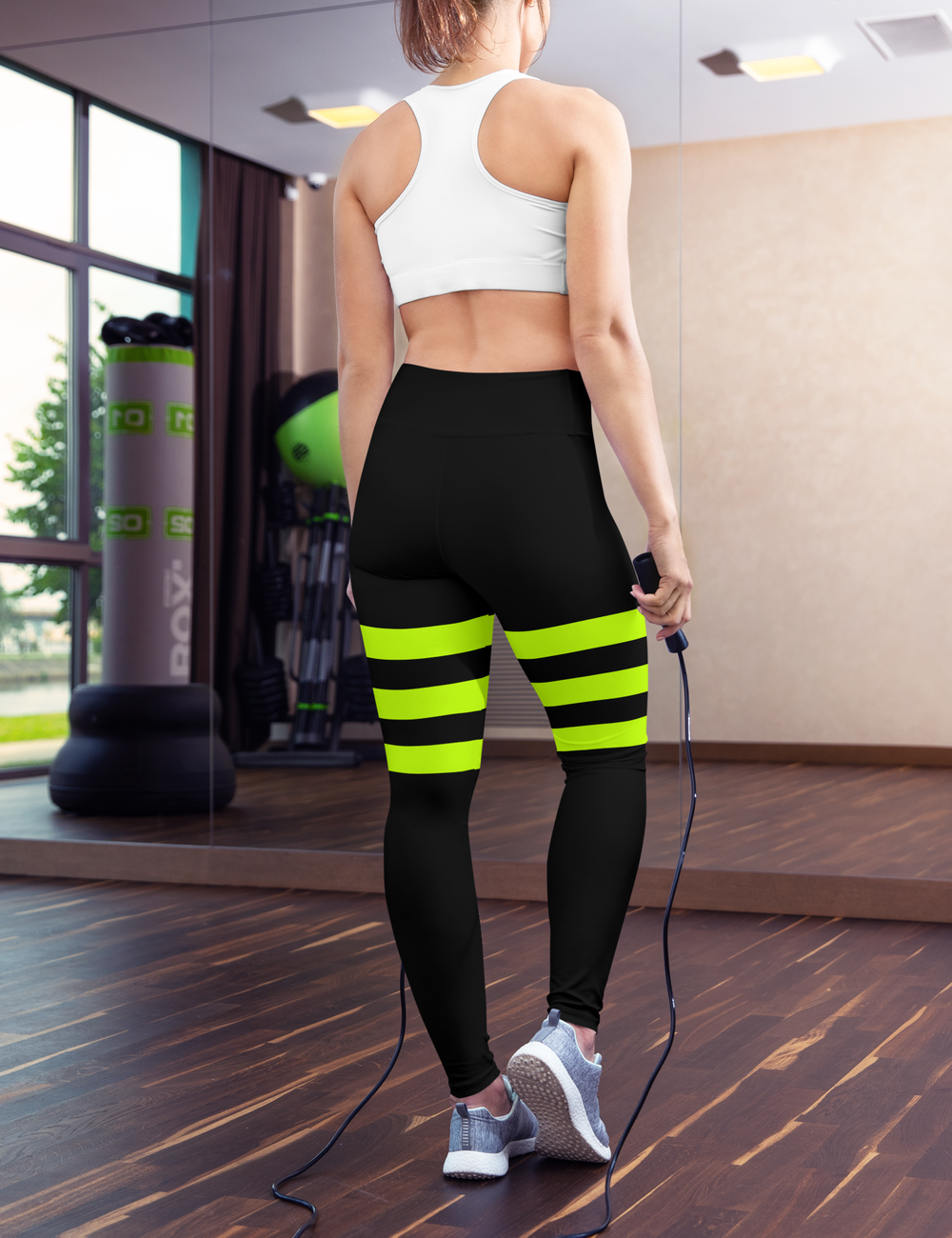 Black And Lime Green Triple Thigh Striped | Women's High Waist Yoga Leggings OniTakai