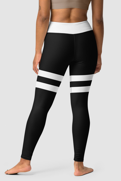 Black And White Double Thigh Striped With White Waistband Women's High Waist Yoga Leggings by OniTakai