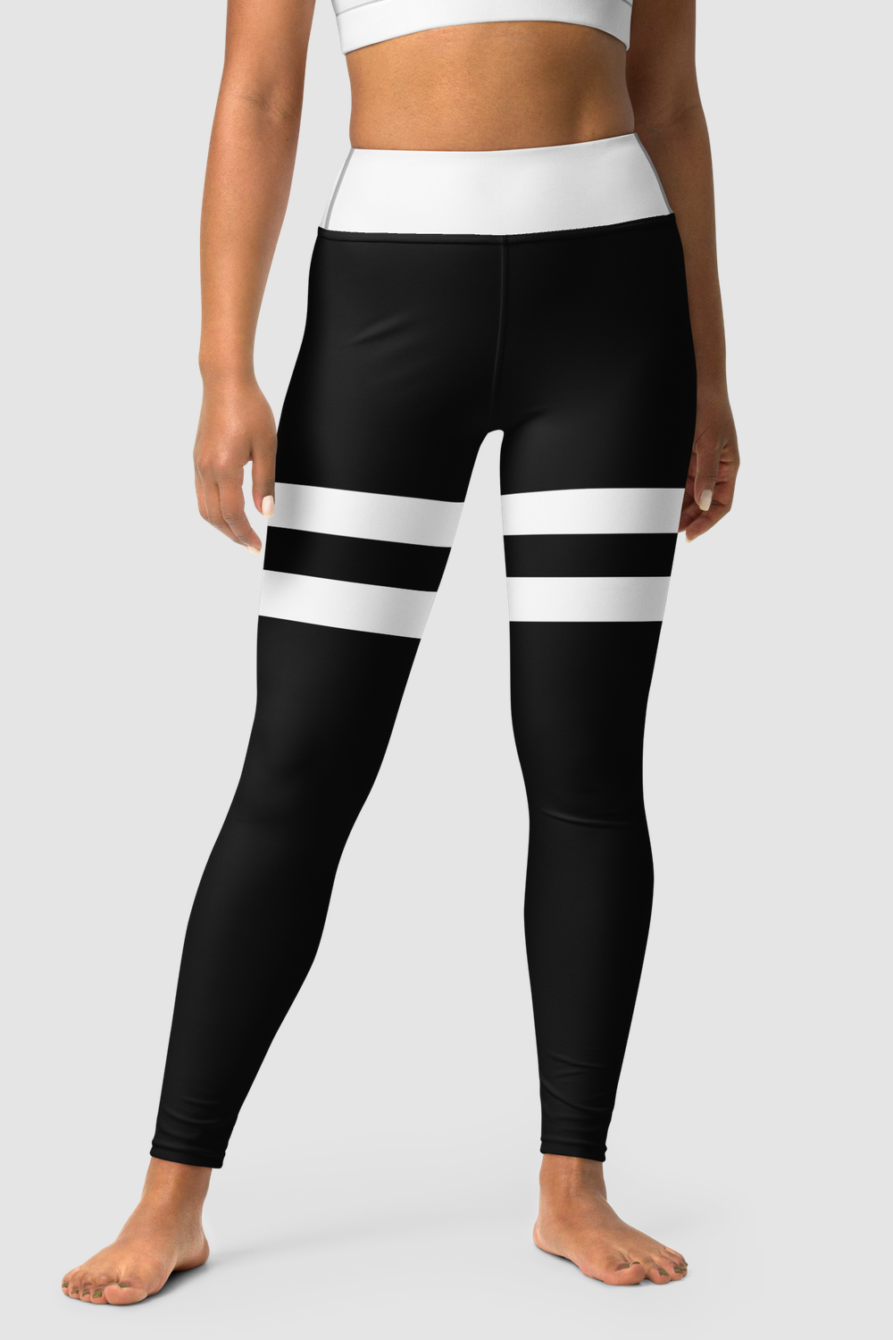 Black And White Double Thigh Striped With White Waistband Women's High Waist Yoga Leggings by OniTakai