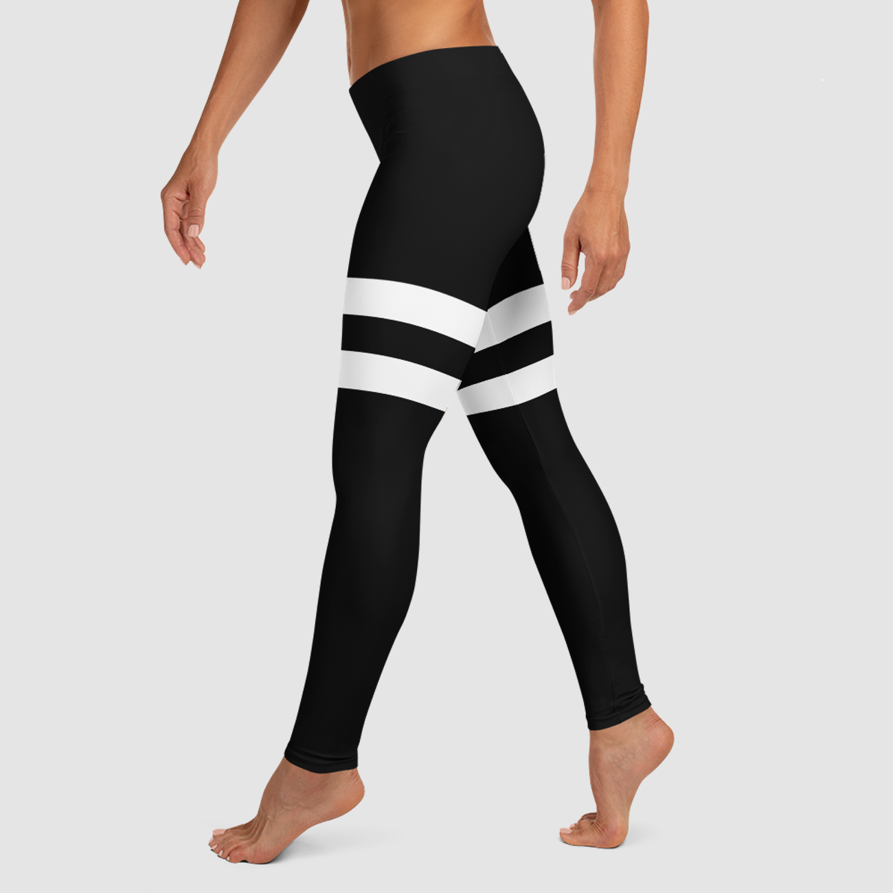 Black And White Double Thigh Striped | Women's Standard Yoga Leggings OniTakai