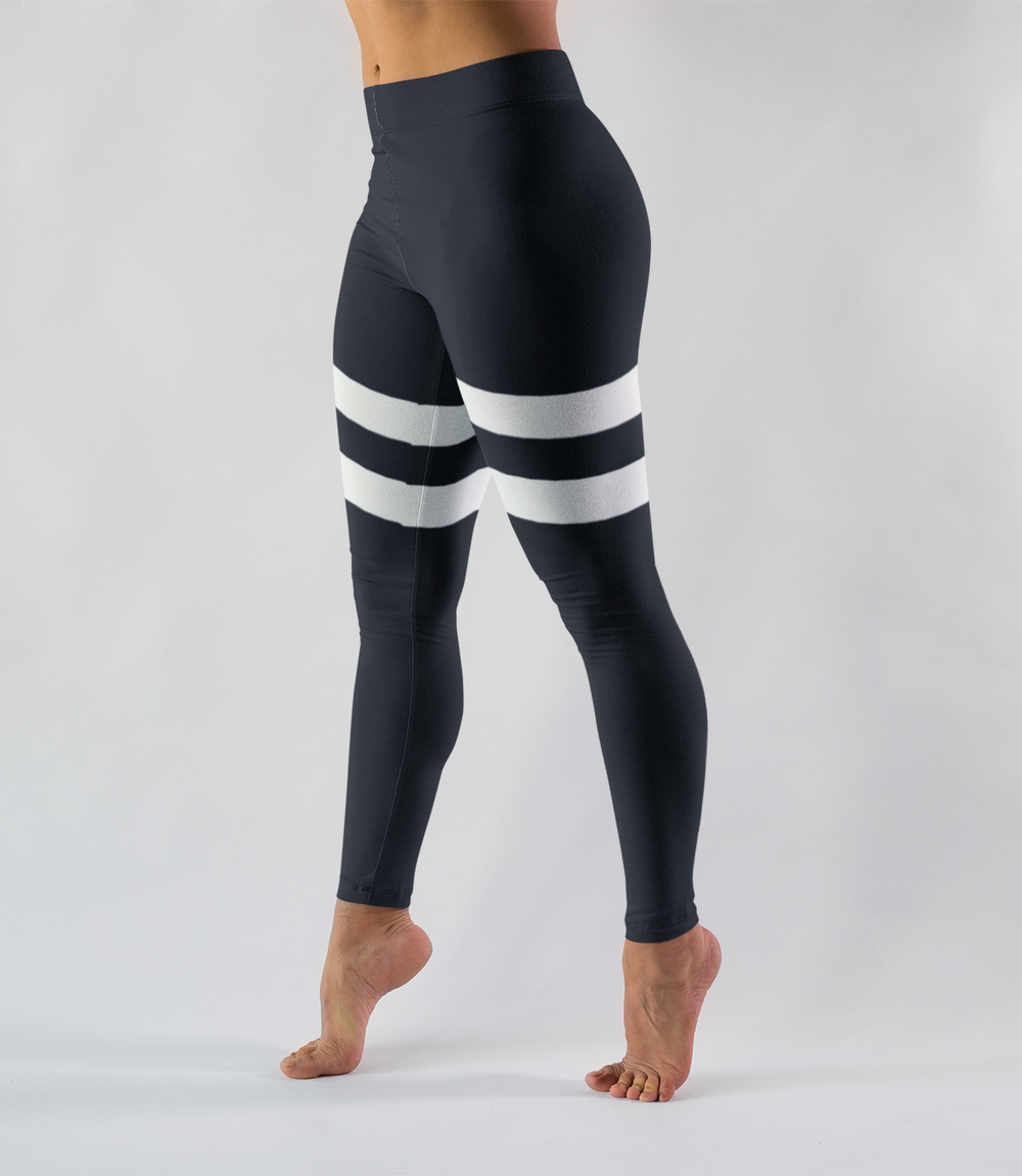 Black And White Double Thigh Striped | Women's Standard Yoga Leggings OniTakai