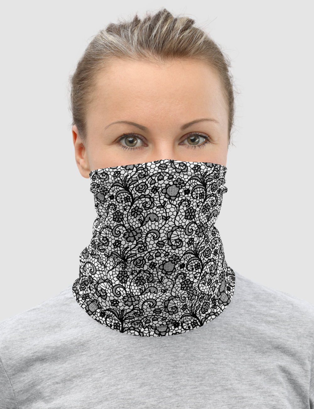 Black And White Faux Lace Crochet Print Pattern | Neck Gaiter Face Mask OniTakai