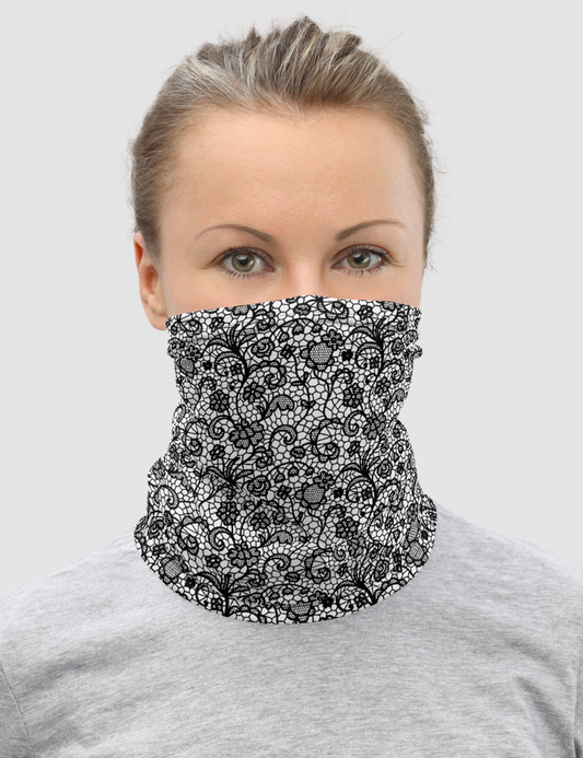 Black And White Faux Lace Crochet Print Pattern | Neck Gaiter Face Mask OniTakai