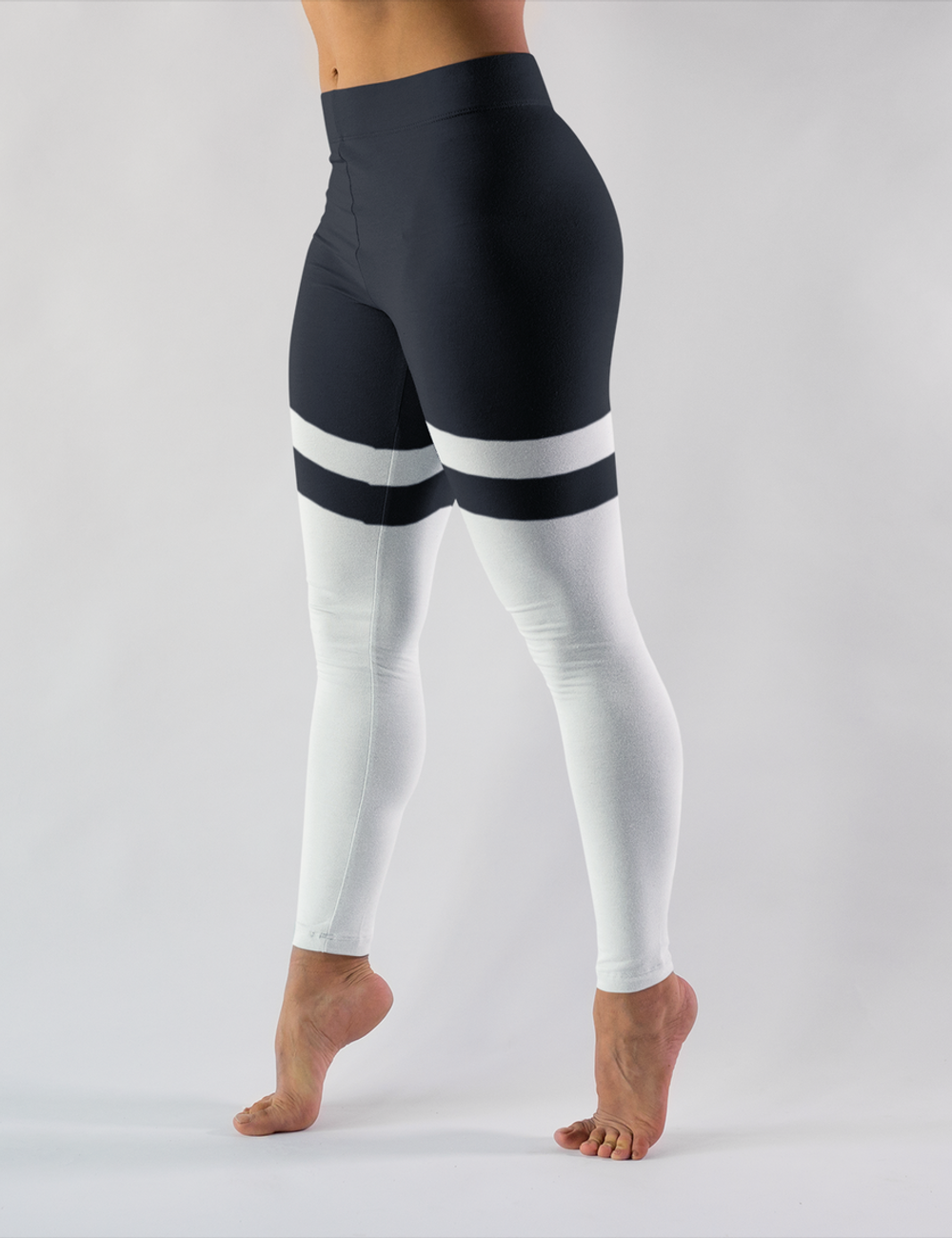 Black And White Thigh Striped  | Women's Standard Yoga Leggings OniTakai
