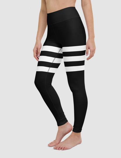 Black And White Triple Thigh Striped Women's High Waist Yoga Leggings OniTakai