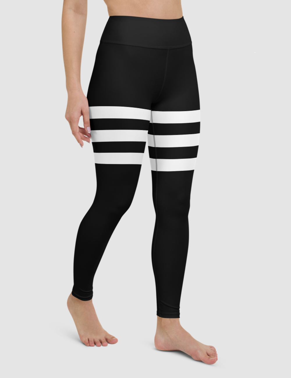 Black And White Triple Thigh Striped Women's High Waist Yoga Leggings OniTakai