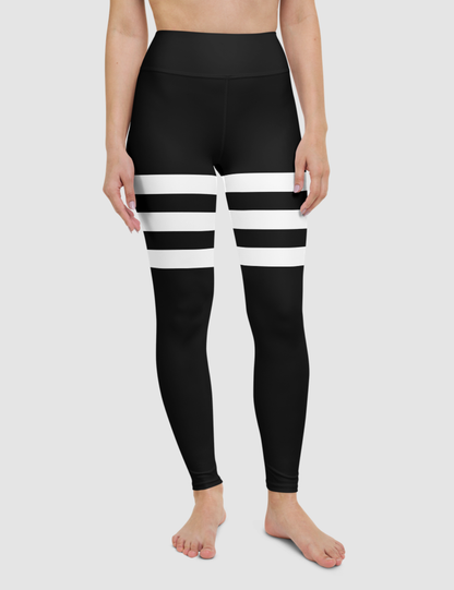 Black And White Triple Thigh Striped Women's High Waist Yoga Leggings OniTakai