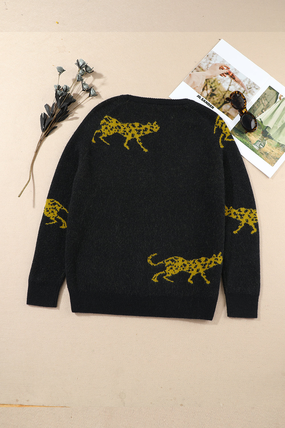 Black Cheetah Pattern Knit Round Neck Sweater OniTakai