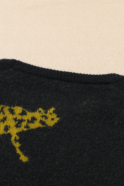 Black Cheetah Pattern Knit Round Neck Sweater OniTakai