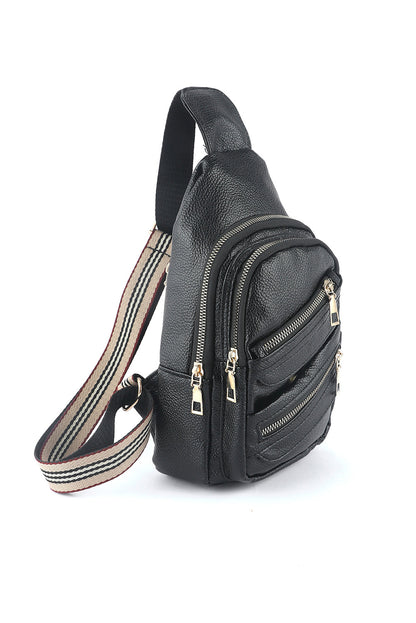 Black Faux Leather Multi-pockets Zipped Chest Bag 