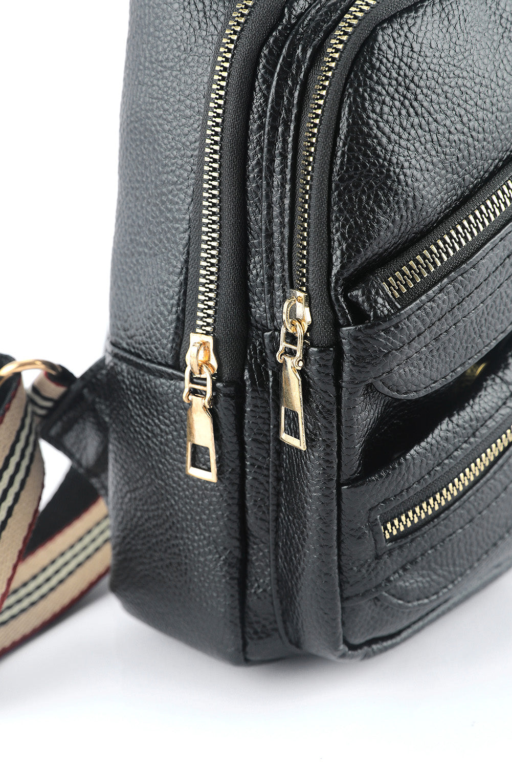 Black Faux Leather Multi-pockets Zipped Chest Bag 