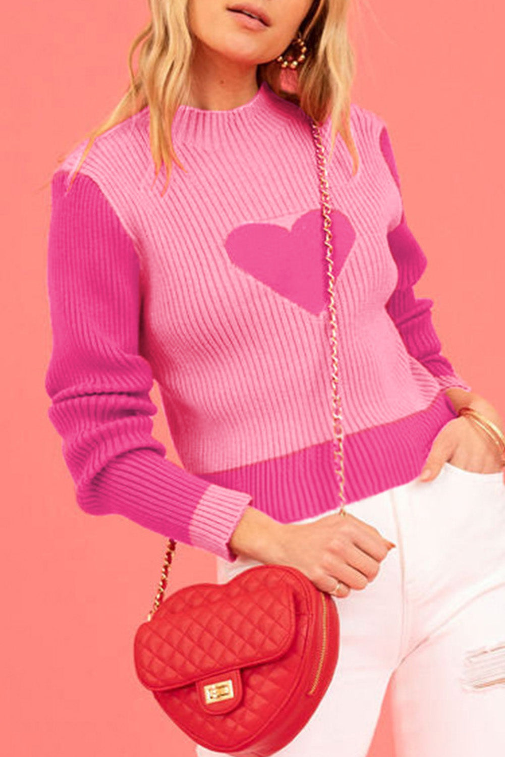 Black Mock Neck Colorblock Valentine Heart Ribbed Sweater OniTakai