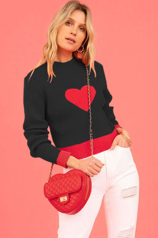 Black Mock Neck Colorblock Valentine Heart Ribbed Sweater OniTakai