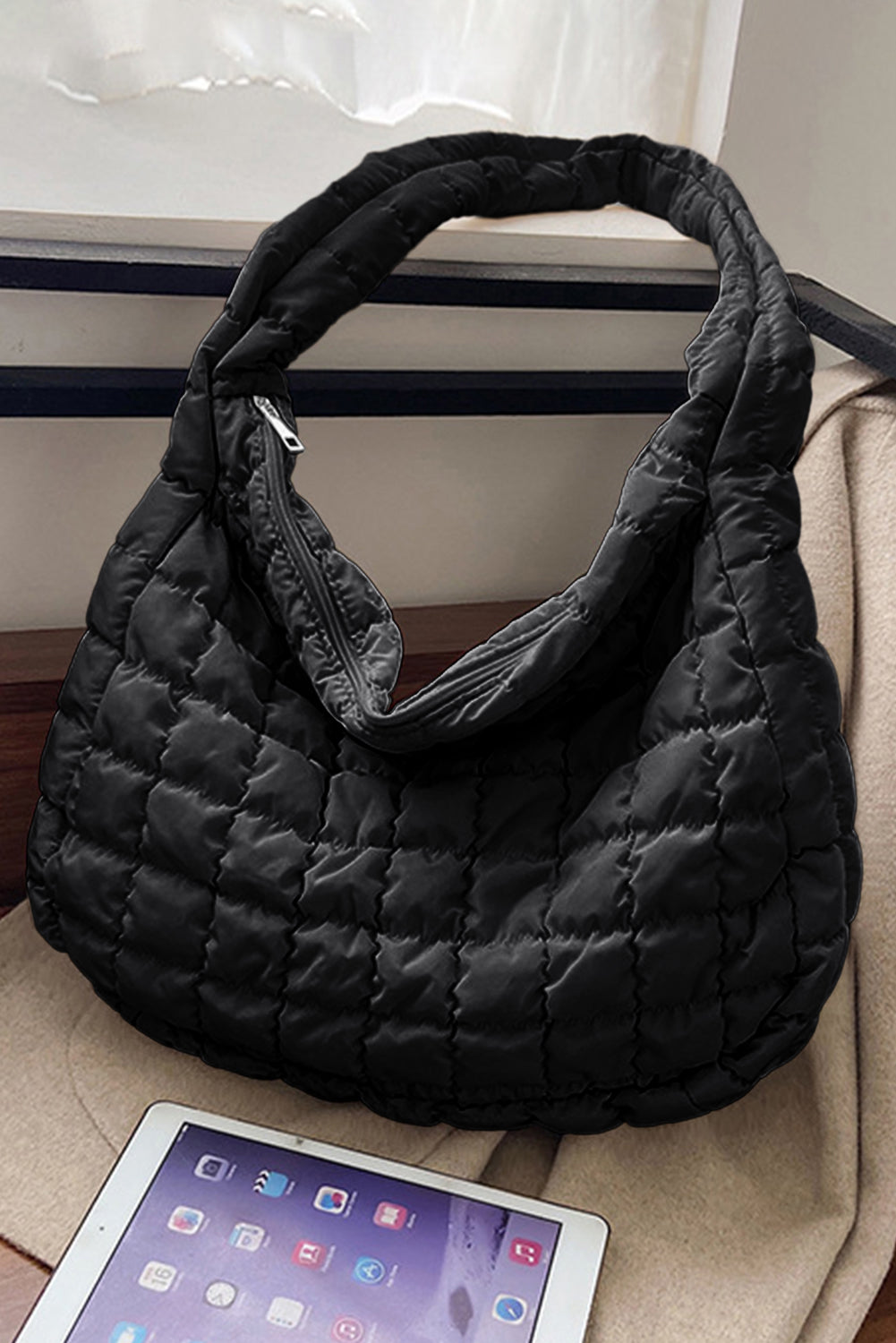 Black Quilted Zipper Large Shoulder Bag OniTakai