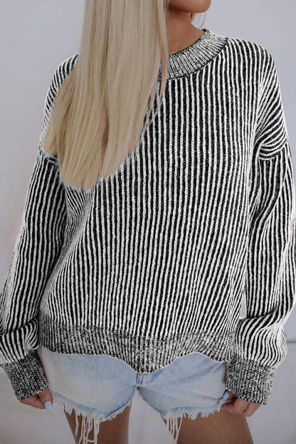 Black Striped Print Ribbed Trim Round Neck Sweater OniTakai