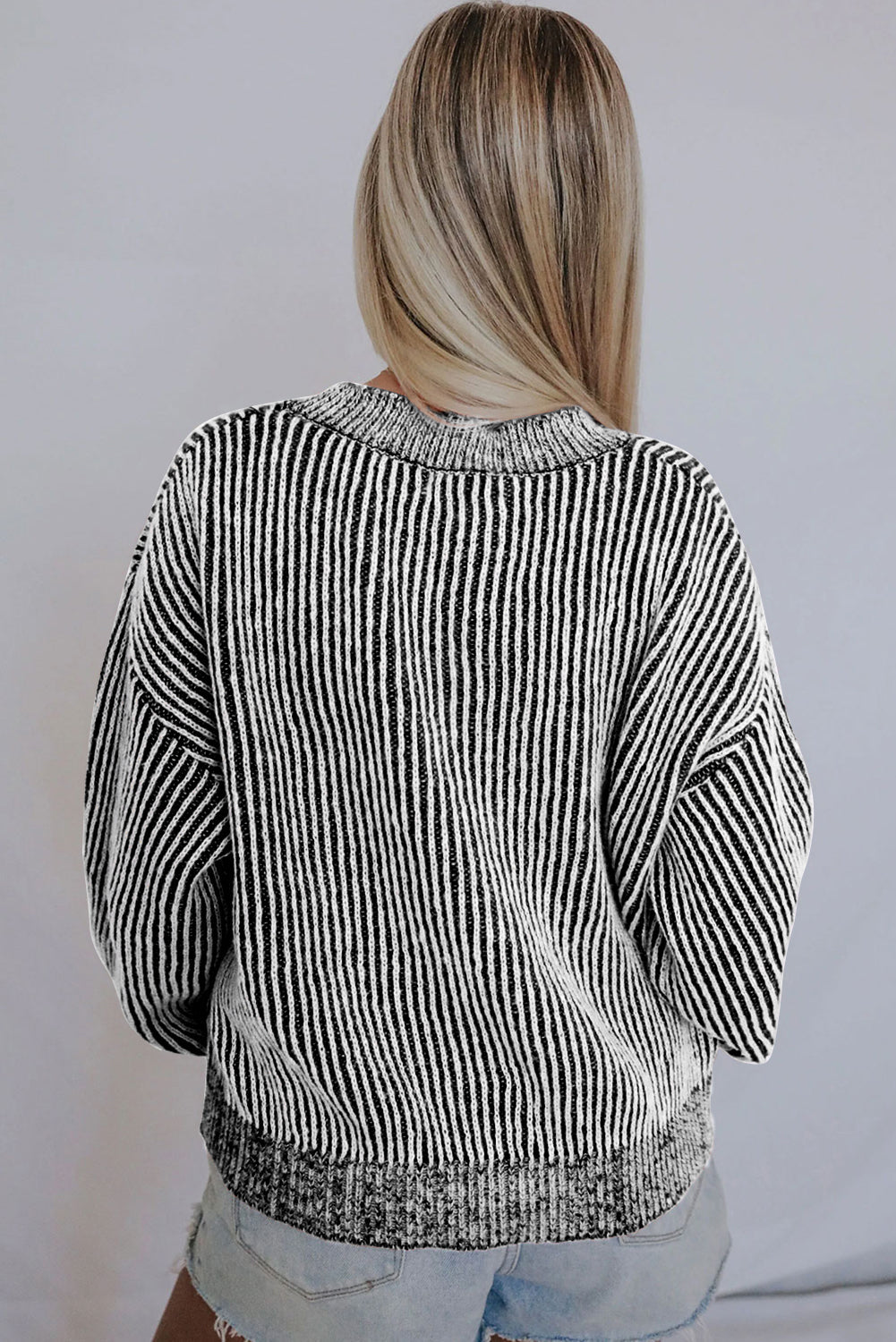 Black Striped Print Ribbed Trim Round Neck Sweater OniTakai