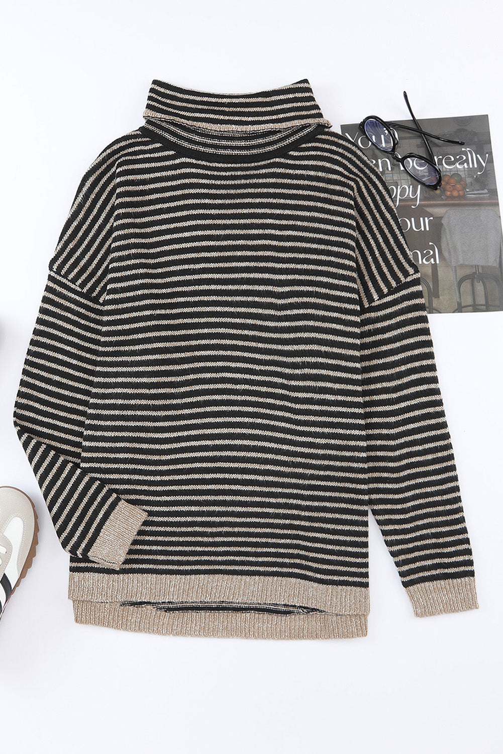 Black Striped Turtleneck Loose Sweater OniTakai