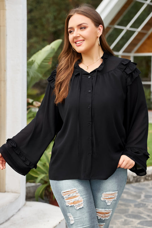 Black Tiered Ruffled Shoulder Buttoned Plus Size Blouse OniTakai