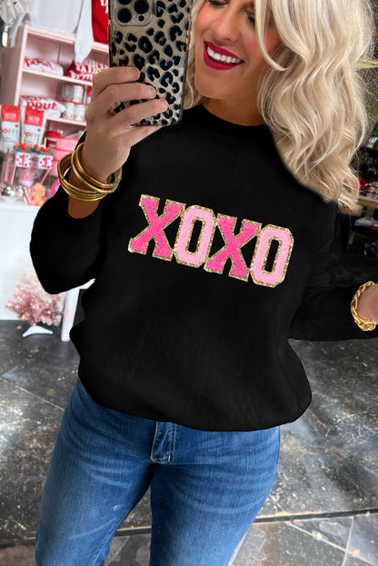 Black XOXO Glitter Print Round Neck Casual Sweater OniTakai