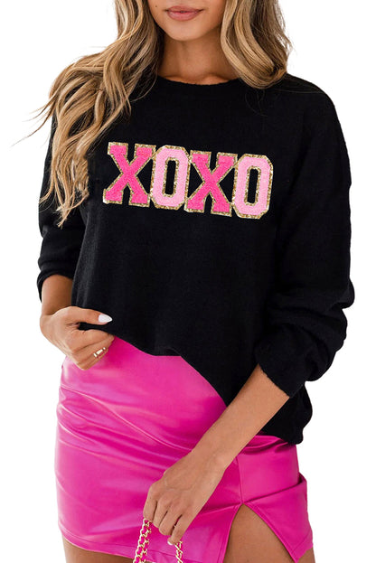 Black XOXO Glitter Print Round Neck Casual Sweater OniTakai