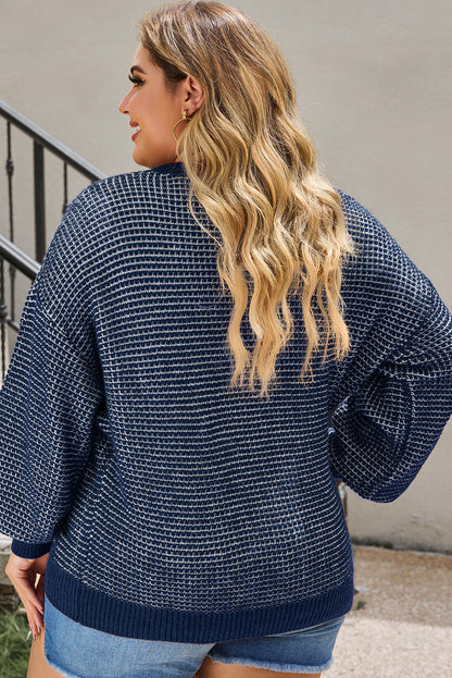 Blue Heathered Knit Plus Size Drop Shoulder Sweater OniTakai