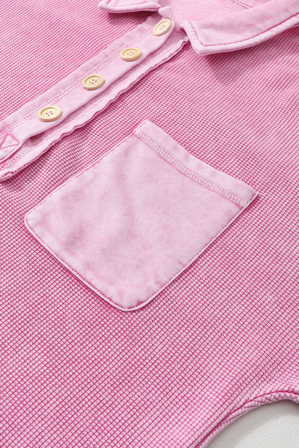 Bright Pink Waffle Exposed Seam Pocket Henley Sweatshirt OniTakai