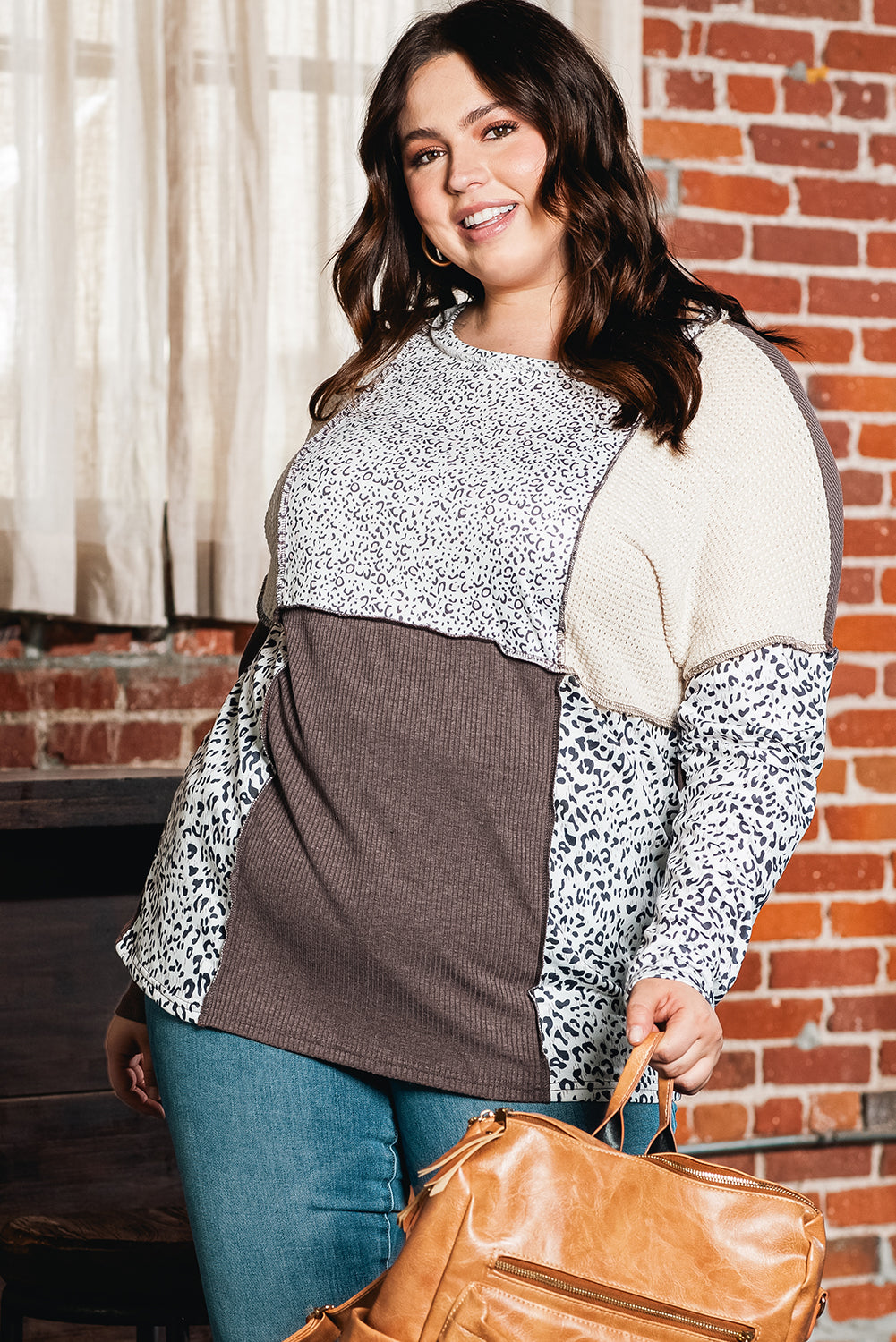 Brown Plus Size Leopard Waffle Ribbed Knit Patchwork Top OniTakai