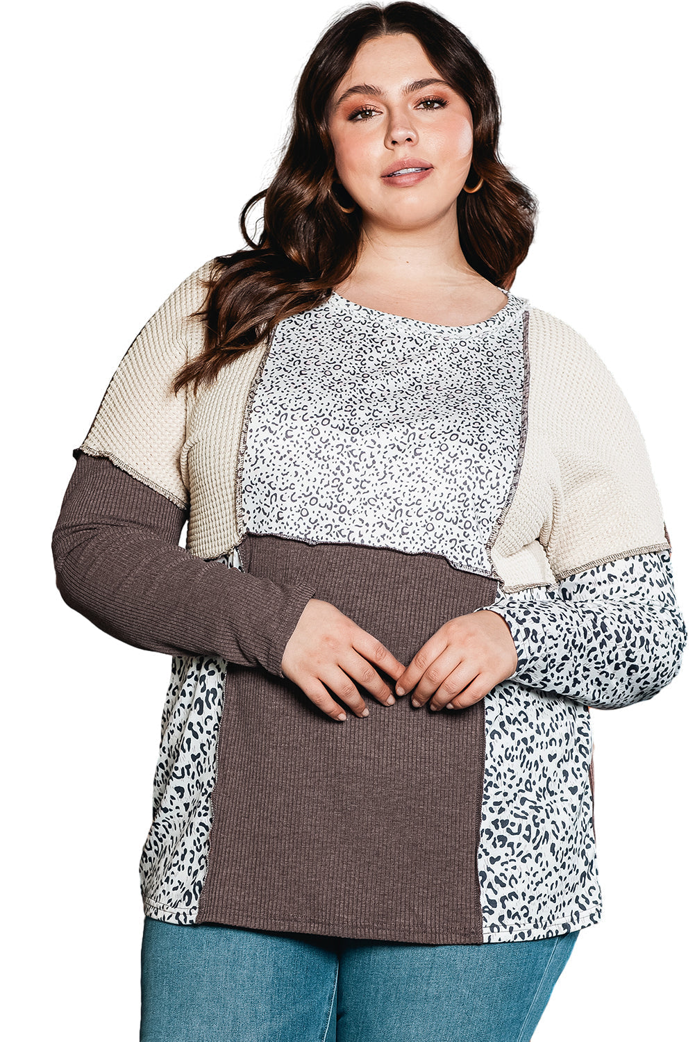 Brown Plus Size Leopard Waffle Ribbed Knit Patchwork Top OniTakai