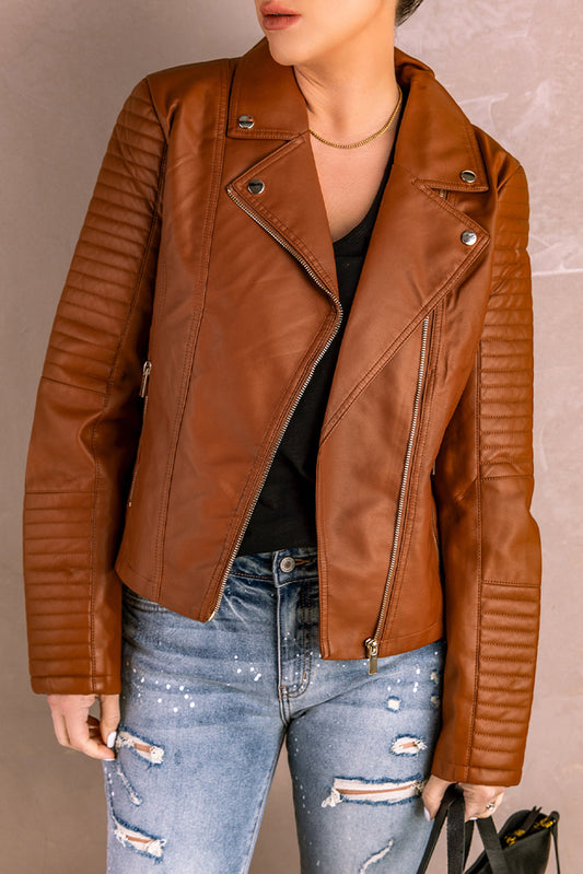 Brown Ribbed Seam Detail Faux Leather Zipped Motorcycle Jacket OniTakai