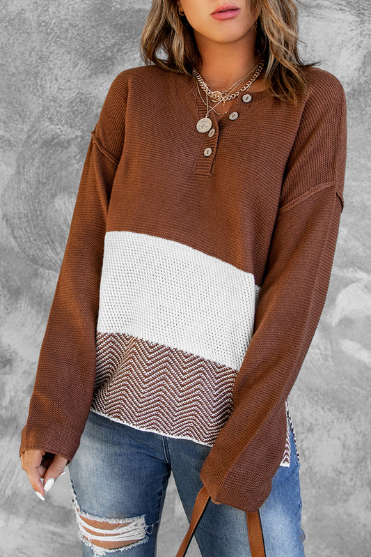 Brown Splicing Buttoned Knitted Long Sleeve Sweater OniTakai
