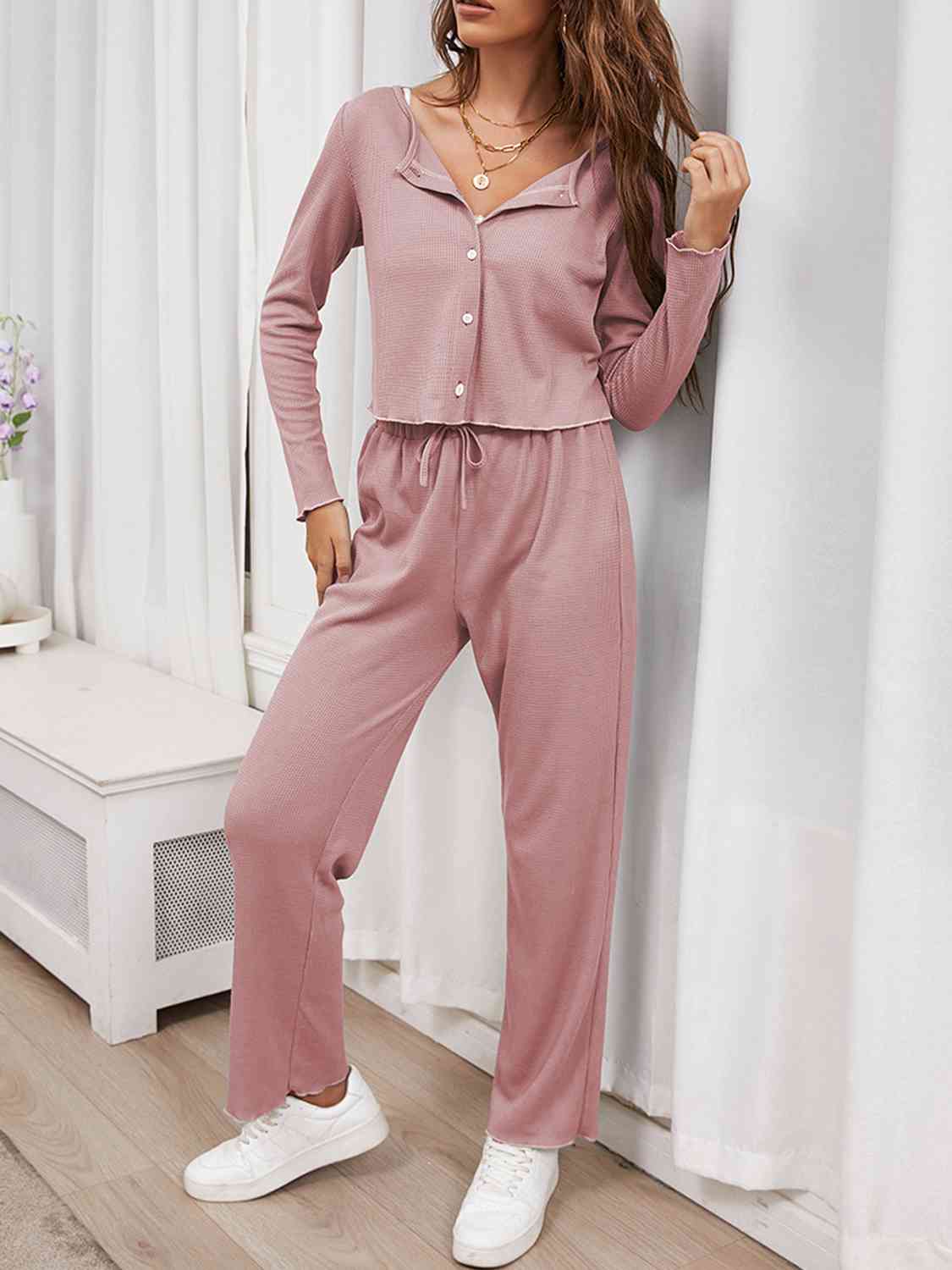 Button Front Long Sleeve Top and Pants Lounge Set OniTakai