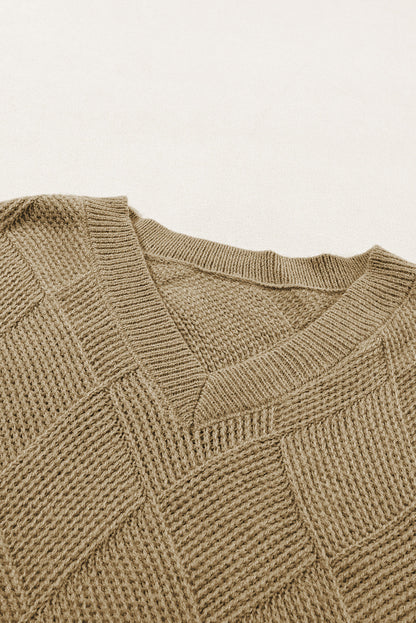 Camel Checkered Textured Batwing Sleeve Sweater OniTakai