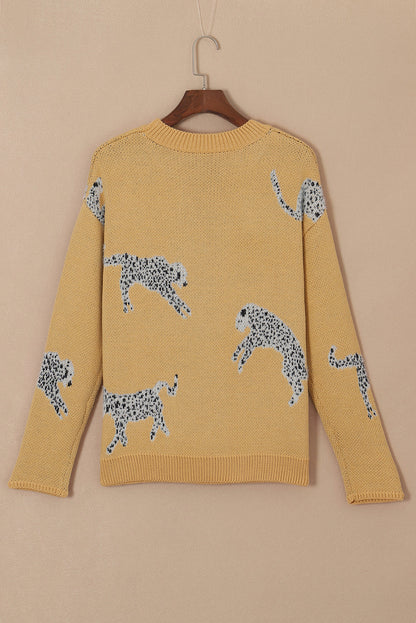 Camel Fuzzy Cheetah Accent Round Neck Sweater OniTakai