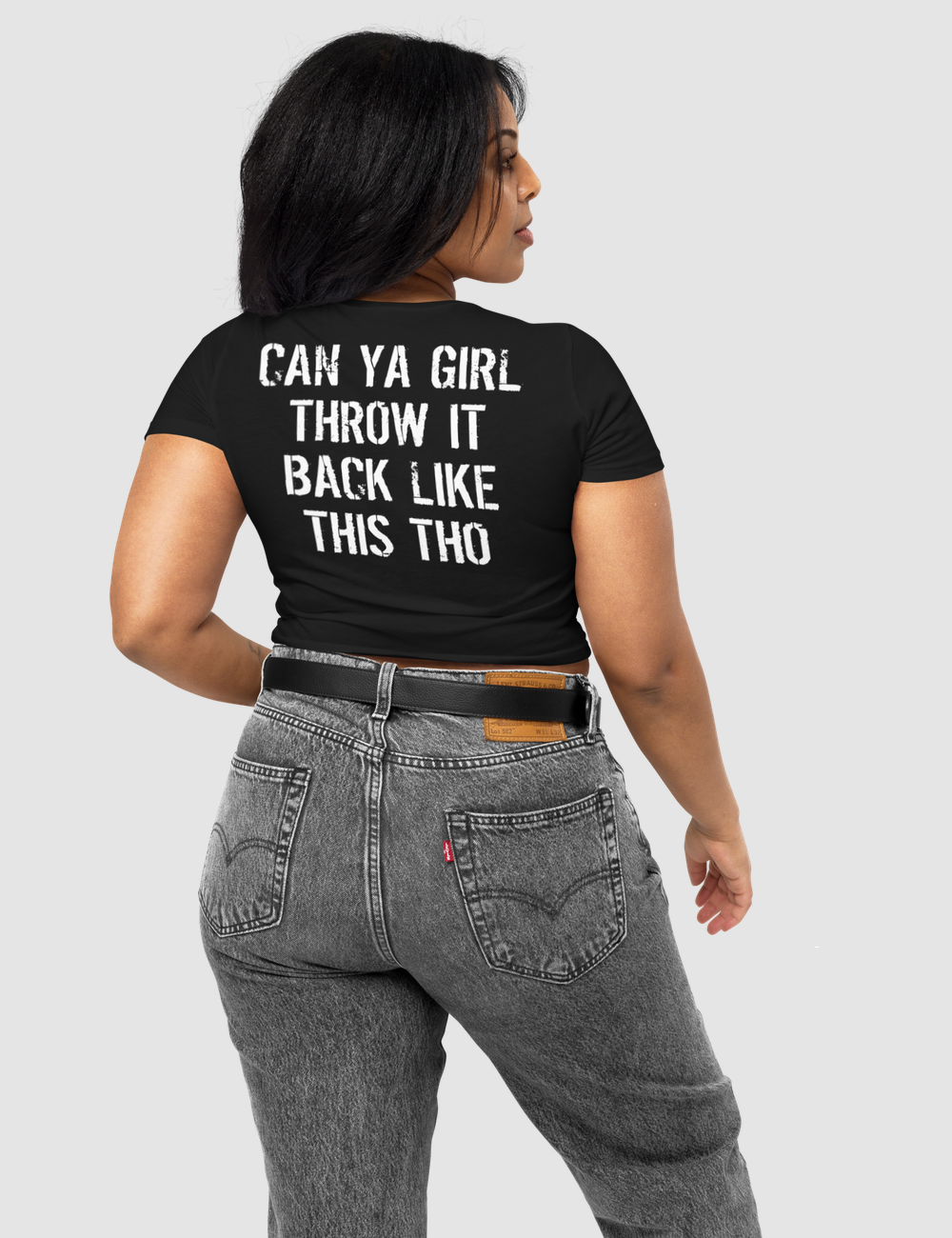 Can Ya Girl Throw It Back Like This Tho Women's Fitted Back Print Crop Top T-Shirt OniTakai