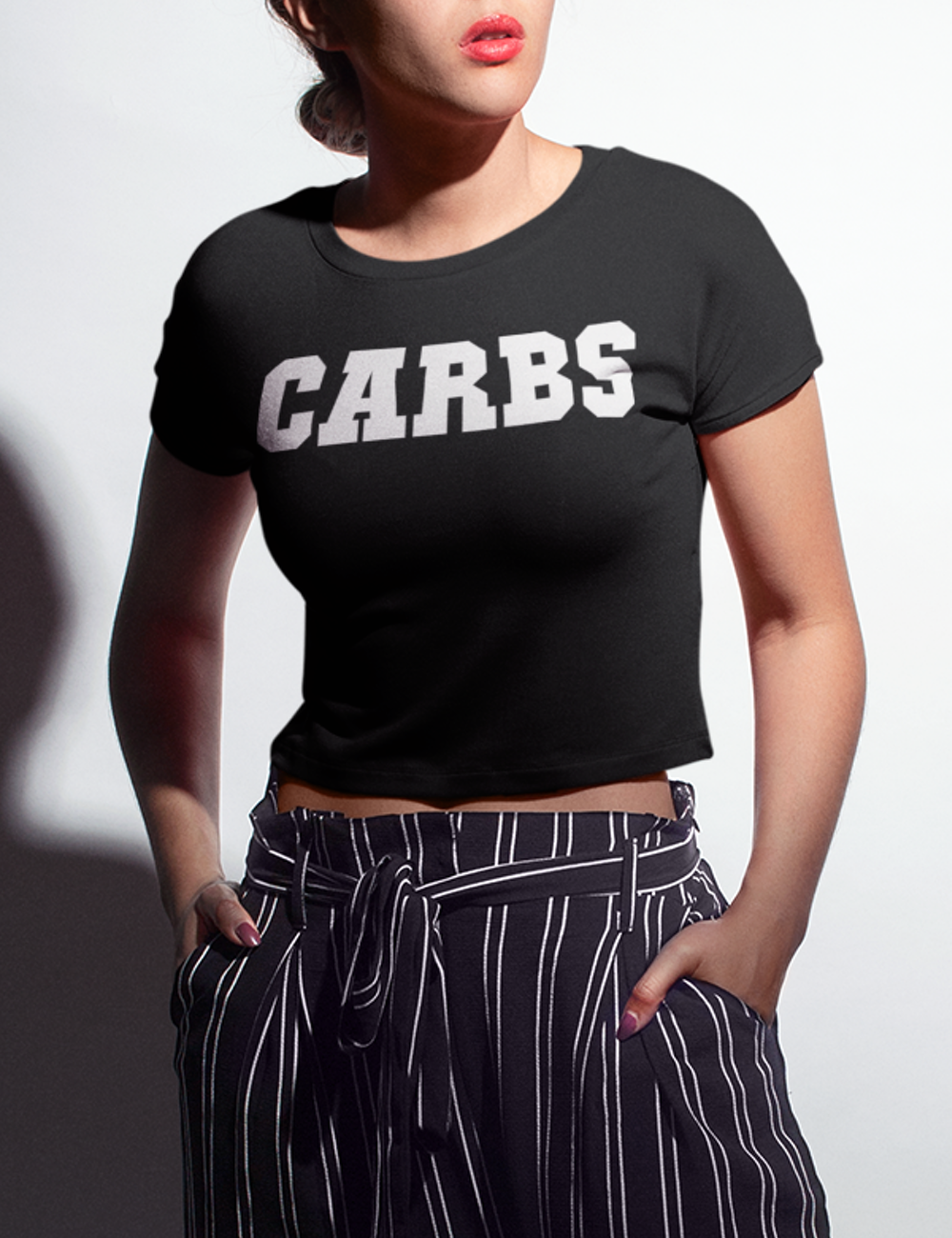 Carbs (White Print) Women's Fitted Crop Top T-Shirt OniTakai